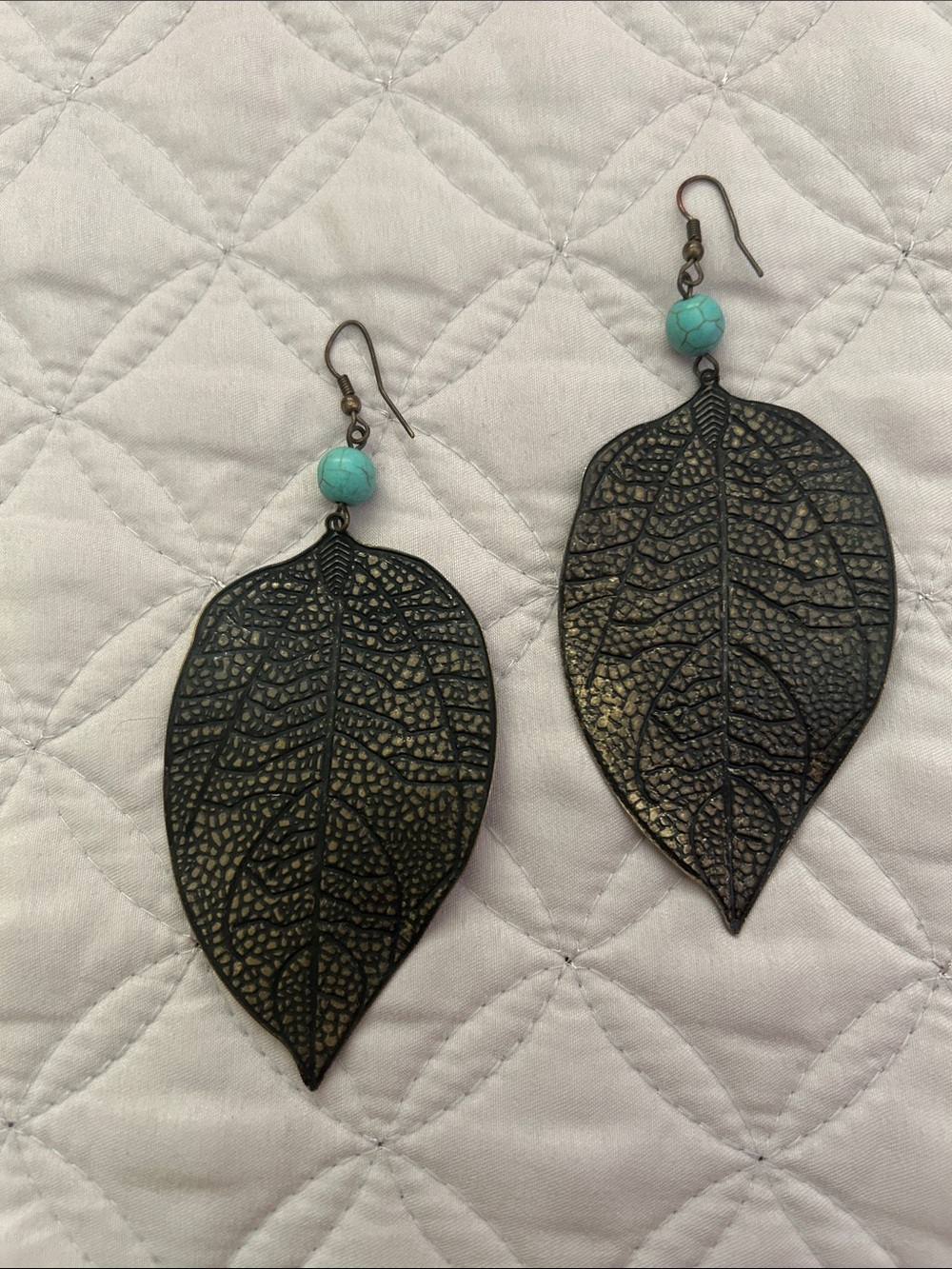 Boho Leaf Drop Earrings with Turquoise Bead